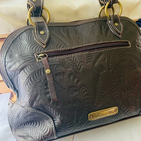 American West Vintage Leather Handbag Tooled Leather/ Animal Print Hair On/Studs - Picture 7 of 15